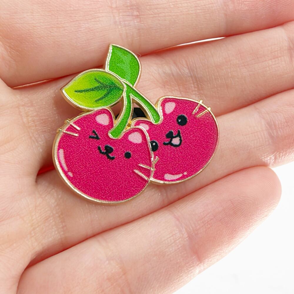 Cherry Cat Enamel Pin Cute Kawaii Pink Fruit Cat Y2K Cottagecore